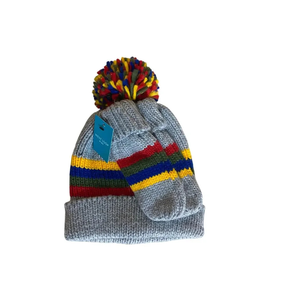 West Loop Kids Winter Hat Glove Set OS Gray Blue Red Mittens Pompom Beanie NEW